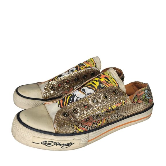 Ed Hardy vintage Women's Gold Snake Print Tiger Slip-On Shoe sneakers Size 8 US - Picture 10 of 10